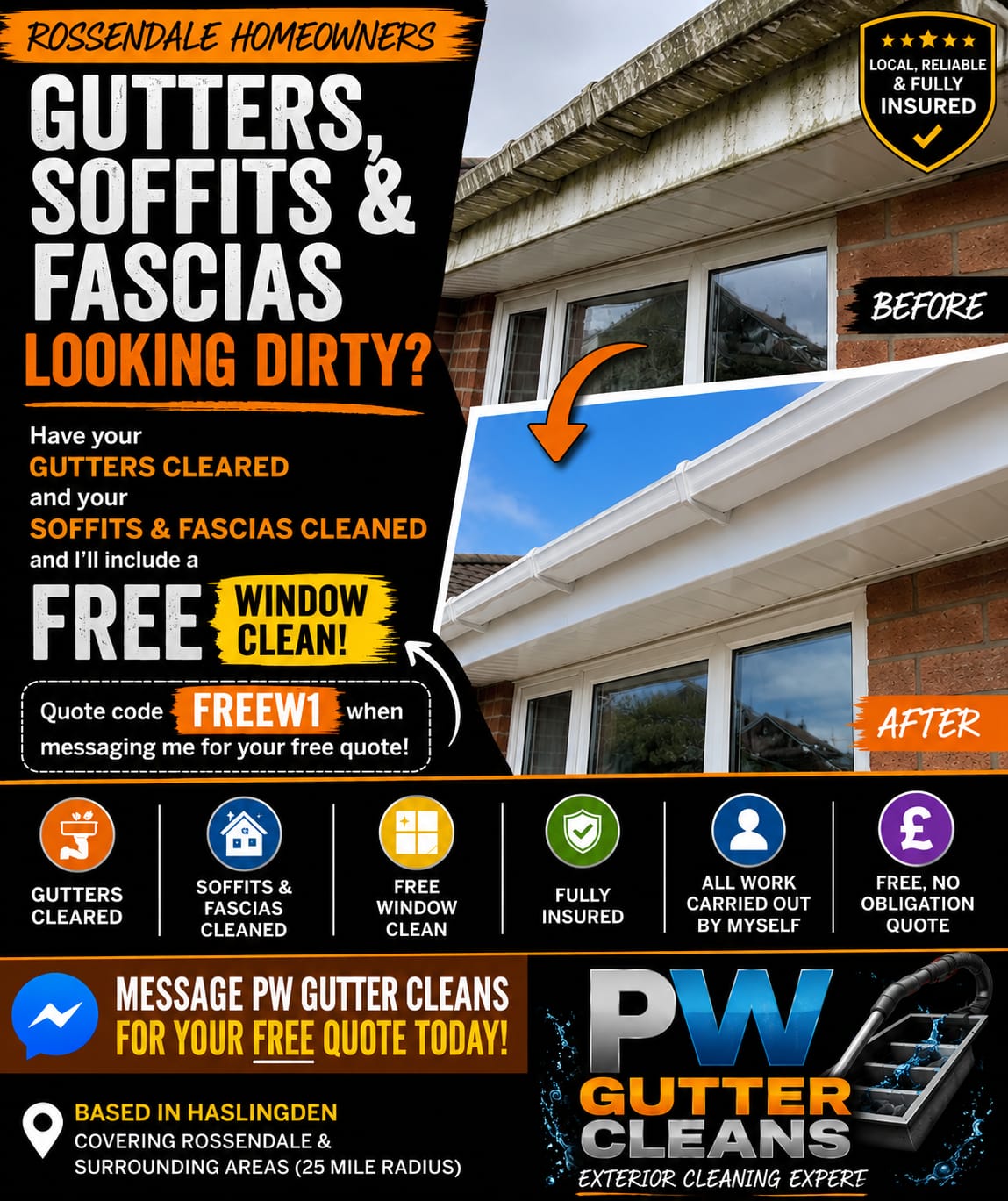 Limited offer: gutters cleared, soffits and fascias cleaned, and a free window clean. Quote code FREEW1. Based in Haslingden, covering Rossendale and surrounding areas.