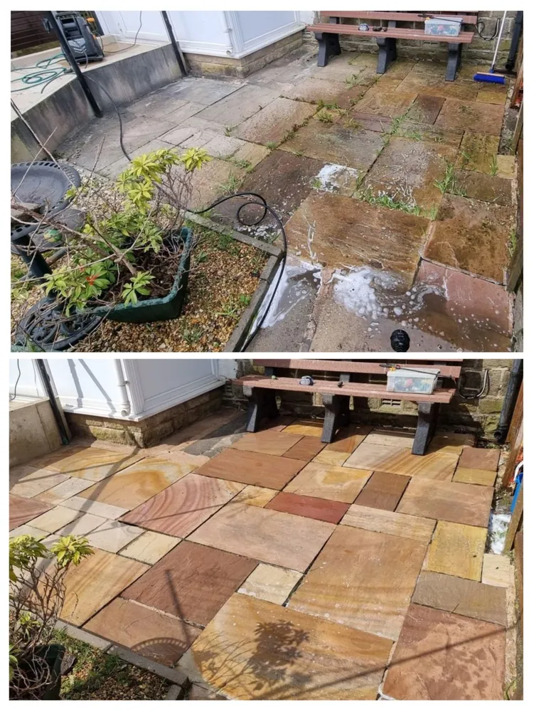 Weed covered stone flag patio before jet washing and the same patio after, showing clean sandstone flags