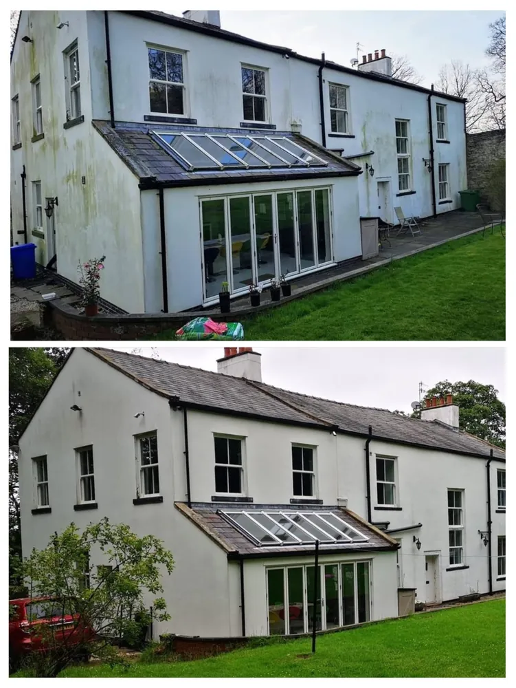 Green algae stained white rendered house before cleaning and the same house after soft washing, clean and even white