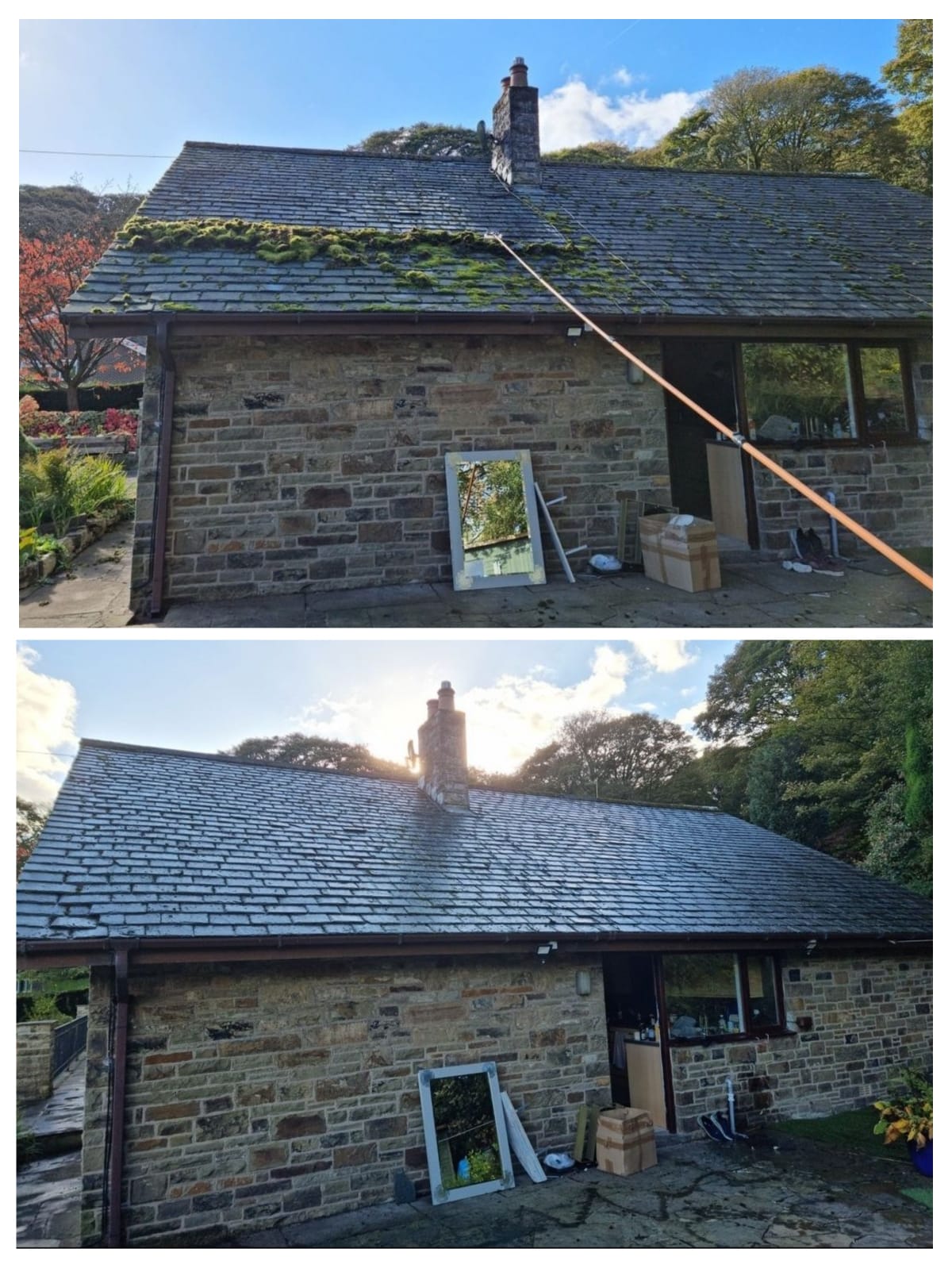 Stone slate roof clean before and after in Rossendale by PW Gutter Cleans