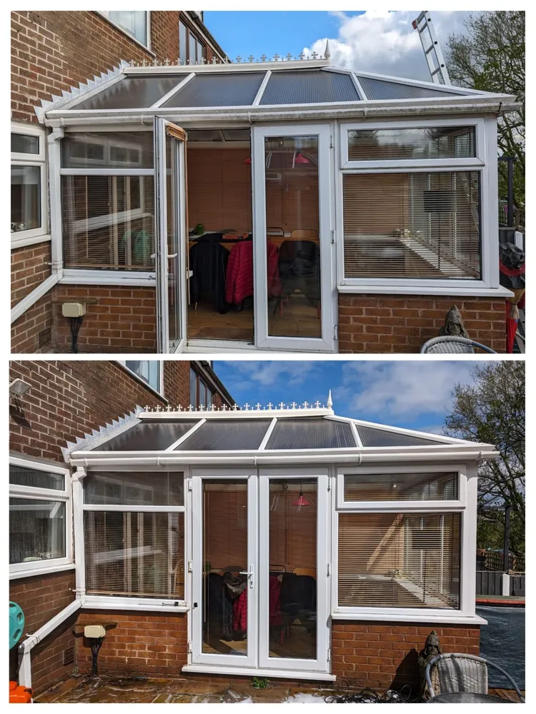 Dirty white uPVC conservatory with grimy roof panels before cleaning and the same conservatory after, bright white and clear
